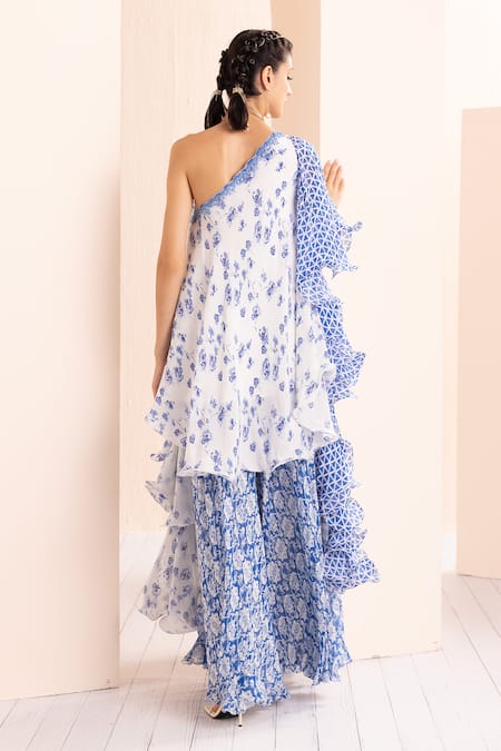 Shop Mandira Wirk - Indian Blue Crepe, Chiffon Mirrors, Embroidery One Floral Print Top And Sharara Set at Aza Fashions Shop_Mandira Wirk - Indian_Blue Crepe, Chiffon Mirrors, Embroidery One Floral Print Top And Sharara Set _at_Aza_Fashions