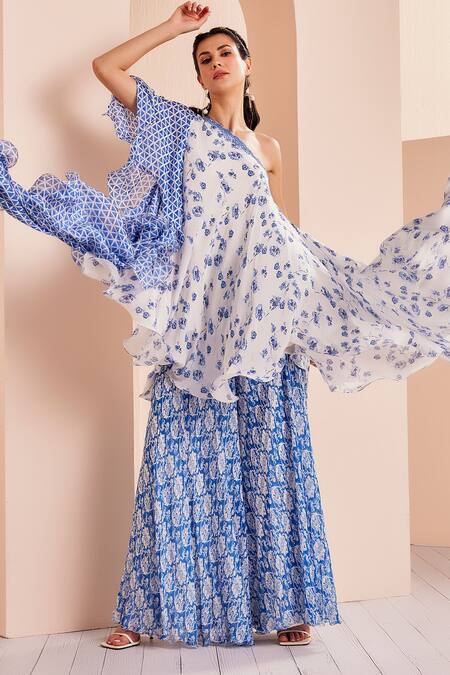 Buy Mandira Wirk - Indian Blue Crepe, Chiffon Mirrors, Embroidery One Floral Print Top And Sharara Set Online at Aza Fashions Buy_Mandira Wirk - Indian_Blue Crepe, Chiffon Mirrors, Embroidery One Floral Print Top And Sharara Set _Online_at_Aza_Fashions