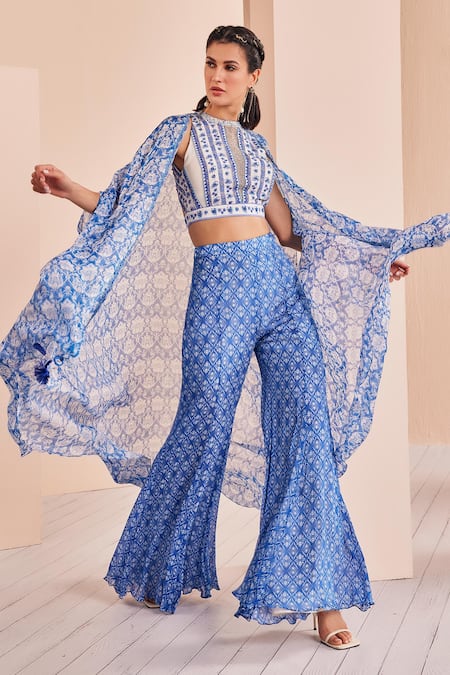 Shop Mandira Wirk - Indian Blue Chiffon, Crepe, Net Mirrors, Tassels Floral Print Cape With Sharara Set Online at Aza Fashions Shop_Mandira Wirk - Indian_Blue Chiffon, Crepe, Net Mirrors, Tassels Floral Print Cape With Sharara Set _Online_at_Aza_Fashions