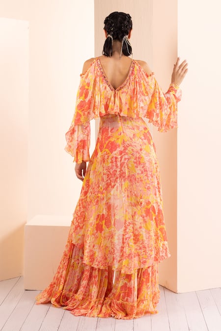 Mandira Wirk - Indian_Red Chiffon Embroidery, Mirrors V-neck Printed Butterfly Kurta And Sharara Set _Online_at_Aza_Fashions