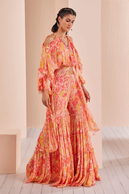 Buy_Mandira Wirk - Indian_Red Chiffon Embroidery, Mirrors V-neck Printed Butterfly Kurta And Sharara Set _Online_at_Aza_Fashions