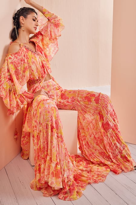 Shop_Mandira Wirk - Indian_Red Chiffon Embroidery, Mirrors V-neck Printed Butterfly Kurta And Sharara Set _Online_at_Aza_Fashions