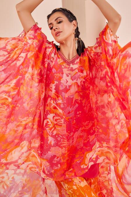 Mandira Wirk - Indian_Pink Chiffon, Viscose Embroidery V-neck Printed Kaftan Kurta And Sharara Set _Online_at_Aza_Fashions