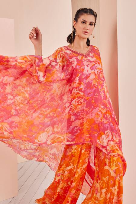 Buy_Mandira Wirk - Indian_Pink Chiffon, Viscose Embroidery V-neck Printed Kaftan Kurta And Sharara Set _Online_at_Aza_Fashions