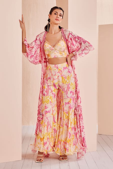 Mandira Wirk Pink Chiffon Printed Floral V Neck Sharara Set With Cape 