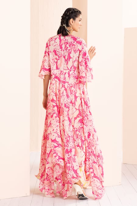 Mandira Wirk - Indian Pink Chiffon Tassels V-neck Floral Print Sharara Set With Cape Online at Aza Fashions Mandira Wirk - Indian_Pink Chiffon Tassels V-neck Floral Print Sharara Set With Cape _Online_at_Aza_Fashions