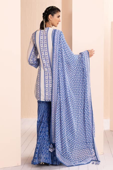 Shop Mandira Wirk - Indian Blue Crepe, Chiffon, Georgette, Chanderi Floral Print Short Kurta Sharara Set at Aza Fashions Shop_Mandira Wirk - Indian_Blue Crepe, Chiffon, Georgette, Chanderi Floral Print Short Kurta Sharara Set _at_Aza_Fashions