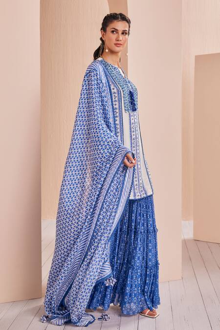 Mandira Wirk - Indian Blue Crepe, Chiffon, Georgette, Chanderi Floral Print Short Kurta Sharara Set Online at Aza Fashions Mandira Wirk - Indian_Blue Crepe, Chiffon, Georgette, Chanderi Floral Print Short Kurta Sharara Set _Online_at_Aza_Fashions