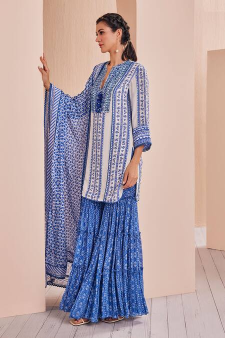 Buy Mandira Wirk - Indian Blue Crepe, Chiffon, Georgette, Chanderi Floral Print Short Kurta Sharara Set Online at Aza Fashions Buy_Mandira Wirk - Indian_Blue Crepe, Chiffon, Georgette, Chanderi Floral Print Short Kurta Sharara Set _Online_at_Aza_Fashions