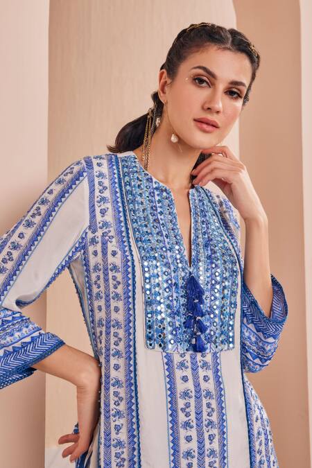 Shop Mandira Wirk - Indian Blue Crepe, Chiffon, Georgette, Chanderi Floral Print Short Kurta Sharara Set Online at Aza Fashions Shop_Mandira Wirk - Indian_Blue Crepe, Chiffon, Georgette, Chanderi Floral Print Short Kurta Sharara Set _Online_at_Aza_Fashions