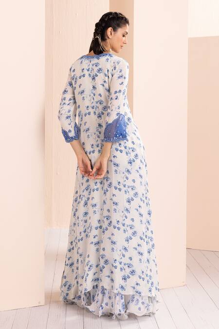 Mandira Wirk - Indian Blue Crepe, Polyester Tassels, Floral Print Asymmetric Kurta And Sharara Set Online at Aza Fashions Mandira Wirk - Indian_Blue Crepe, Polyester Tassels, Floral Print Asymmetric Kurta And Sharara Set _Online_at_Aza_Fashions