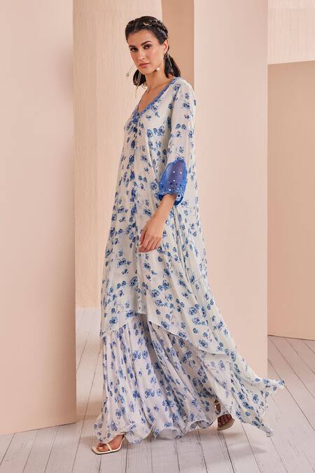 Buy Mandira Wirk - Indian Blue Crepe, Polyester Tassels, Floral Print Asymmetric Kurta And Sharara Set Online at Aza Fashions Buy_Mandira Wirk - Indian_Blue Crepe, Polyester Tassels, Floral Print Asymmetric Kurta And Sharara Set _Online_at_Aza_Fashions