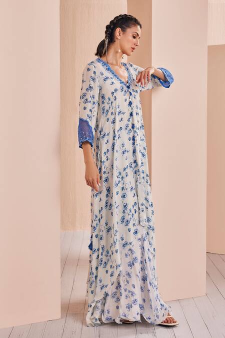 Shop Mandira Wirk - Indian Blue Crepe, Polyester Tassels, Floral Print Asymmetric Kurta And Sharara Set Online at Aza Fashions Shop_Mandira Wirk - Indian_Blue Crepe, Polyester Tassels, Floral Print Asymmetric Kurta And Sharara Set _Online_at_Aza_Fashions
