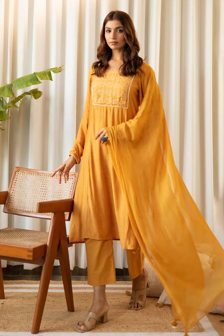 Shop_Kapraaaha_Yellow Muslin, Cotton, Chiffon Embroidery Round Geometric Yoke Kurta Pant Set _Online_at_Aza_Fashions