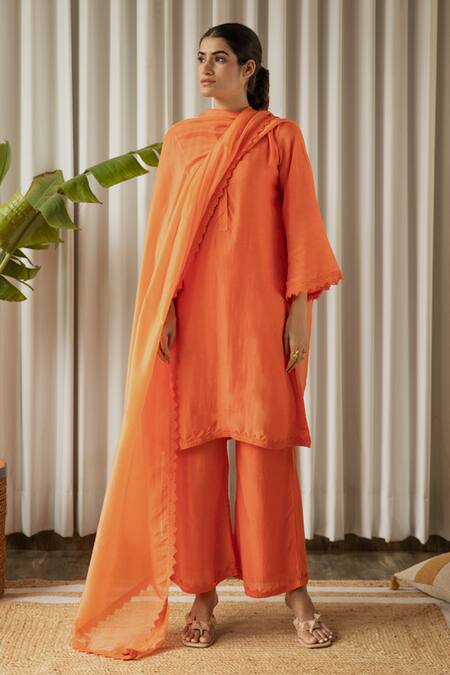 Buy_Kapraaaha_Orange Muslin Lace Round Neck Floral Embellished Kurta Palazzo Pant Set_Online_at_Aza_Fashions