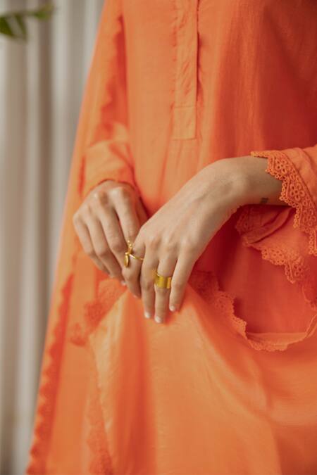 Shop_Kapraaaha_Orange Muslin Lace Round Neck Floral Embellished Kurta Palazzo Pant Set_Online_at_Aza_Fashions
