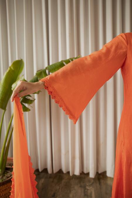 Kapraaaha_Orange Muslin Lace Round Neck Floral Embellished Kurta Palazzo Pant Set_at_Aza_Fashions