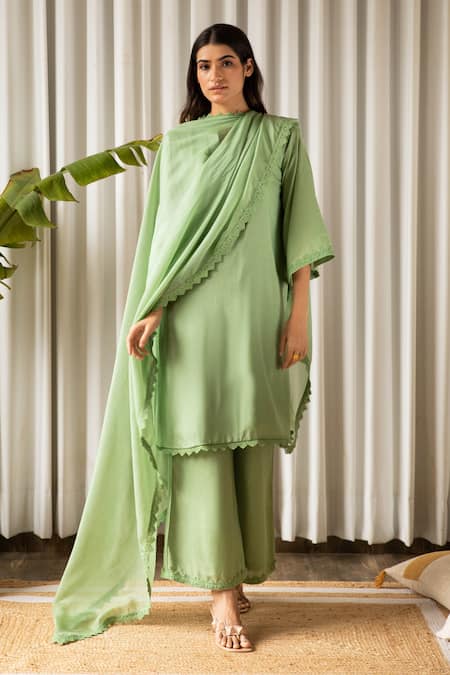 Buy_Kapraaaha_Green Muslin Lace Round Neck Bloom Embellished Kurta Palazzo Pant Set_Online_at_Aza_Fashions