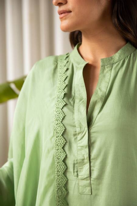 Shop_Kapraaaha_Green Muslin Lace Round Neck Bloom Embellished Kurta Palazzo Pant Set_Online_at_Aza_Fashions