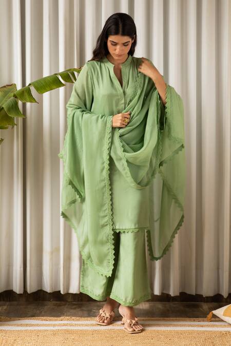 Kapraaaha_Green Muslin Lace Round Neck Bloom Embellished Kurta Palazzo Pant Set_at_Aza_Fashions