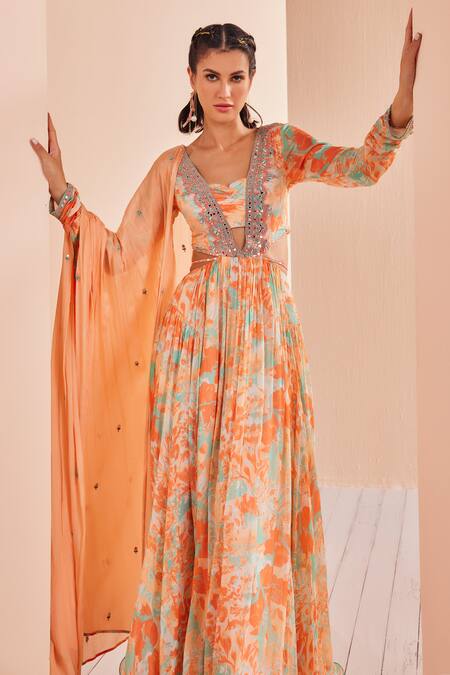 Shop Mandira Wirk - Indian Orange Chiffon, Lycra Mirrors, Beads V-neck Abstract Print Anarkali Set Online at Aza Fashions Shop_Mandira Wirk - Indian_Orange Chiffon, Lycra Mirrors, Beads V-neck Abstract Print Anarkali Set _Online_at_Aza_Fashions