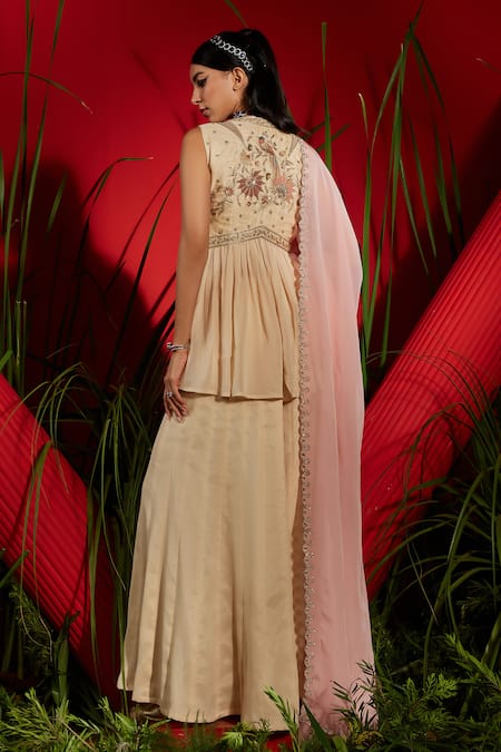 Shop Shreeka Beige Georgette, Viscose, Tissue, Organza Floral Peplum Kurta Sharara Set at Aza Fashions Shop_Shreeka_Beige Georgette, Viscose, Tissue, Organza Floral Peplum Kurta Sharara Set _at_Aza_Fashions