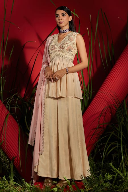 Shreeka Beige Georgette, Viscose, Tissue, Organza Floral Peplum Kurta Sharara Set Online at Aza Fashions Shreeka_Beige Georgette, Viscose, Tissue, Organza Floral Peplum Kurta Sharara Set _Online_at_Aza_Fashions