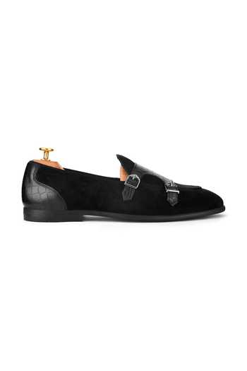 Mondarro_Black Solid Enzo Vegan Leather Monk Shoes_Online_at_Aza_Fashions