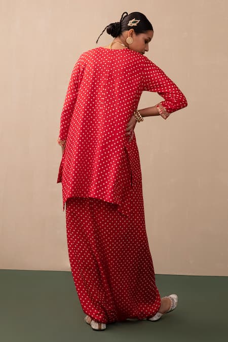 Shop_Pink City By Sarika_Red Silk Mirrors, Embroidery Split Bandhej Print Kurta And Draped Trouser Set _at_Aza_Fashions