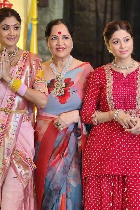 Pink City By Sarika_Red Silk Mirrors, Embroidery Split Bandhej Print Kurta And Draped Trouser Set _Online_at_Aza_Fashions