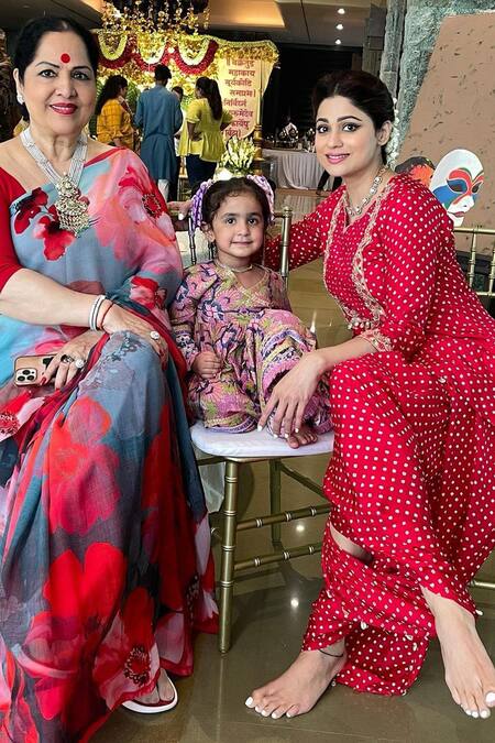 Buy_Pink City By Sarika_Red Silk Mirrors, Embroidery Split Bandhej Print Kurta And Draped Trouser Set _Online_at_Aza_Fashions