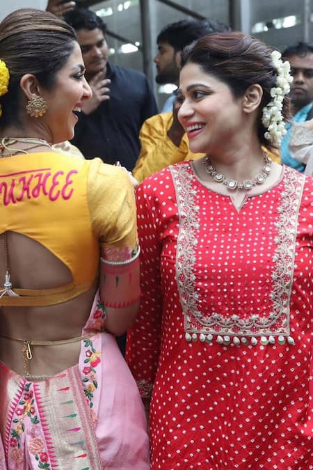 Shop_Pink City By Sarika_Red Silk Mirrors, Embroidery Split Bandhej Print Kurta And Draped Trouser Set _Online_at_Aza_Fashions