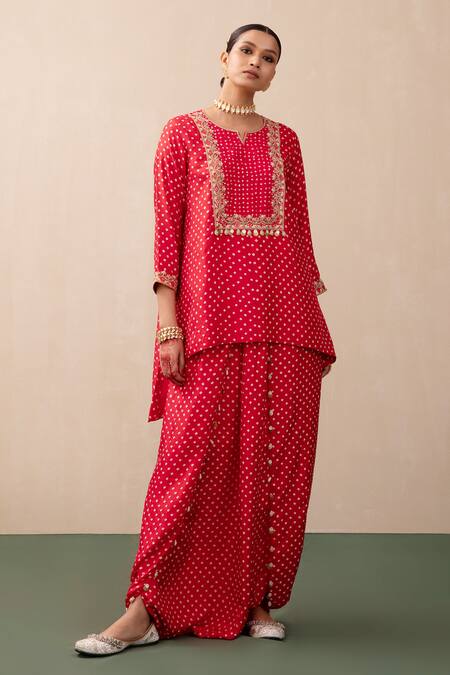 Buy_Pink City By Sarika_Red Silk Mirrors, Embroidery Split Bandhej Print Kurta And Draped Trouser Set 