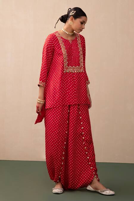 Shop_Pink City By Sarika_Red Silk Mirrors, Embroidery Split Bandhej Print Kurta And Draped Trouser Set 