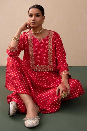 Pink City By Sarika Red Silk Mirrors, Embroidery Split Bandhej Print Kurta And Draped Trouser Set at Aza Fashions Pink City By Sarika_Red Silk Mirrors, Embroidery Split Bandhej Print Kurta And Draped Trouser Set _at_Aza_Fashions