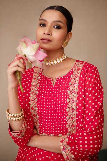 Buy Pink City By Sarika Red Silk Mirrors, Embroidery Split Bandhej Print Kurta And Draped Trouser Set Buy_Pink City By Sarika_Red Silk Mirrors, Embroidery Split Bandhej Print Kurta And Draped Trouser Set