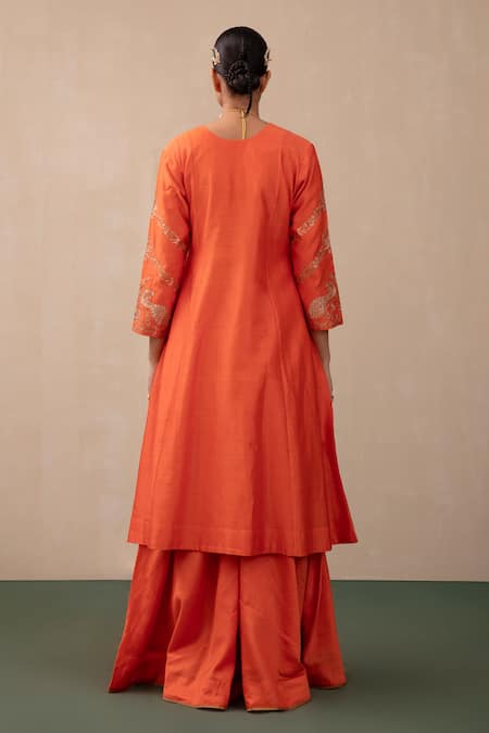 Shop_Pink City By Sarika_Orange Silk, Chanderi, Organza Sequins, Zari Embroidered Angrakha Sharara Set _at_Aza_Fashions