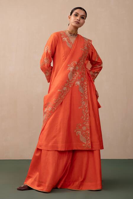 Pink City By Sarika_Orange Silk, Chanderi, Organza Sequins, Zari Embroidered Angrakha Sharara Set _Online_at_Aza_Fashions