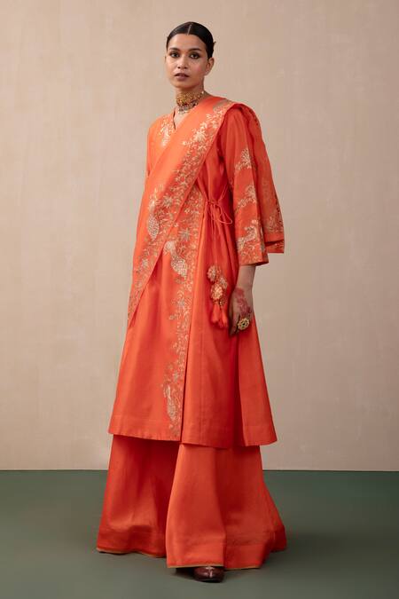 Buy_Pink City By Sarika_Orange Silk, Chanderi, Organza Sequins, Zari Embroidered Angrakha Sharara Set _Online_at_Aza_Fashions