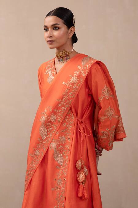 Shop_Pink City By Sarika_Orange Silk, Chanderi, Organza Sequins, Zari Embroidered Angrakha Sharara Set _Online_at_Aza_Fashions