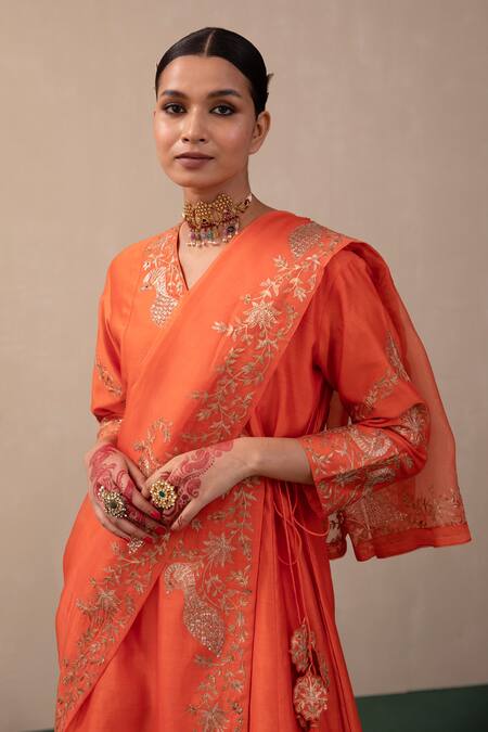 Pink City By Sarika_Orange Silk, Chanderi, Organza Sequins, Zari Embroidered Angrakha Sharara Set _at_Aza_Fashions