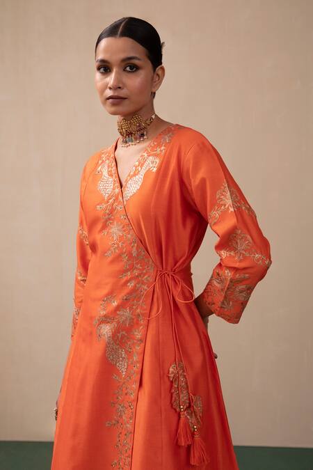 Buy_Pink City By Sarika_Orange Silk, Chanderi, Organza Sequins, Zari Embroidered Angrakha Sharara Set 