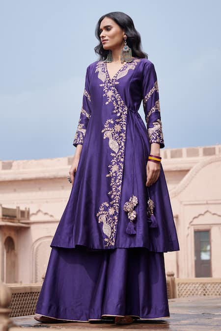 Pink City By Sarika_Purple Silk, Chanderi, Organza Sequins, Zari Peacock Motifs Work Angrakha Set _Online_at_Aza_Fashions