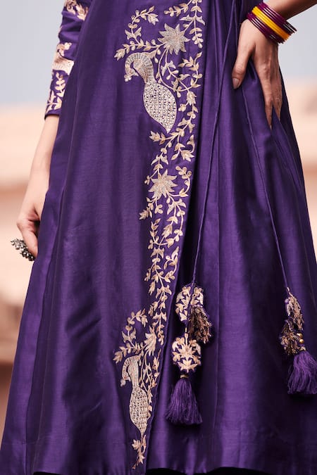 Buy_Pink City By Sarika_Purple Silk, Chanderi, Organza Sequins, Zari Peacock Motifs Work Angrakha Set _Online_at_Aza_Fashions