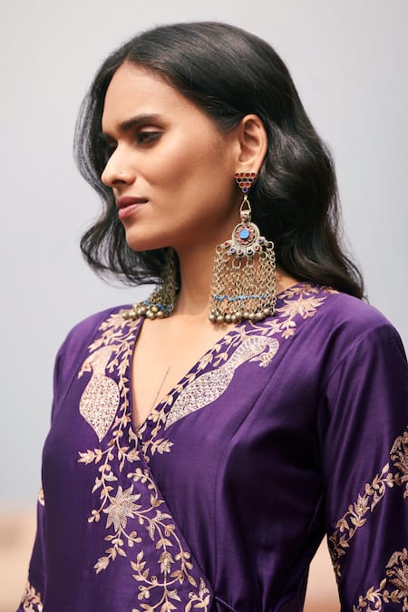 Shop_Pink City By Sarika_Purple Silk, Chanderi, Organza Sequins, Zari Peacock Motifs Work Angrakha Set _Online_at_Aza_Fashions