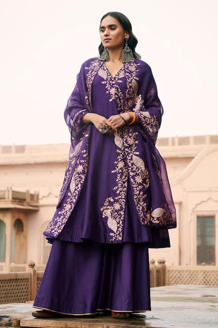 Pink City By Sarika_Purple Silk, Chanderi, Organza Sequins, Zari Peacock Motifs Work Angrakha Set _at_Aza_Fashions