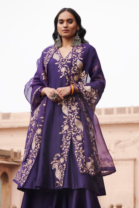 Buy_Pink City By Sarika_Purple Silk, Chanderi, Organza Sequins, Zari Peacock Motifs Work Angrakha Set 