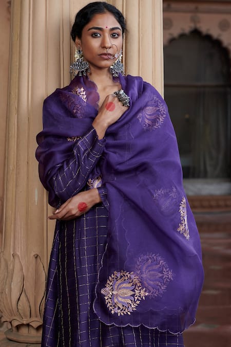 Pink City By Sarika Purple Silk, Chanderi, Organza Zari, Embroidery V-neck Kurta Set Online at Aza Fashions Pink City By Sarika_Purple Silk, Chanderi, Organza Zari, Embroidery V-neck Kurta Set _Online_at_Aza_Fashions