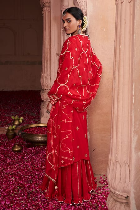 Shop Pink City By Sarika Red Silk, Chanderi, Organza, Cotton Embroidery, Zari, Gota Kurta Sharara Set at Aza Fashions Shop_Pink City By Sarika_Red Silk, Chanderi, Organza, Cotton Embroidery, Zari, Gota Kurta Sharara Set _at_Aza_Fashions