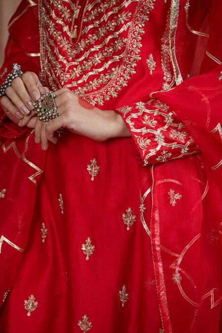 Pink City By Sarika Red Silk, Chanderi, Organza, Cotton Embroidery, Zari, Gota Kurta Sharara Set Online at Aza Fashions Pink City By Sarika_Red Silk, Chanderi, Organza, Cotton Embroidery, Zari, Gota Kurta Sharara Set _Online_at_Aza_Fashions